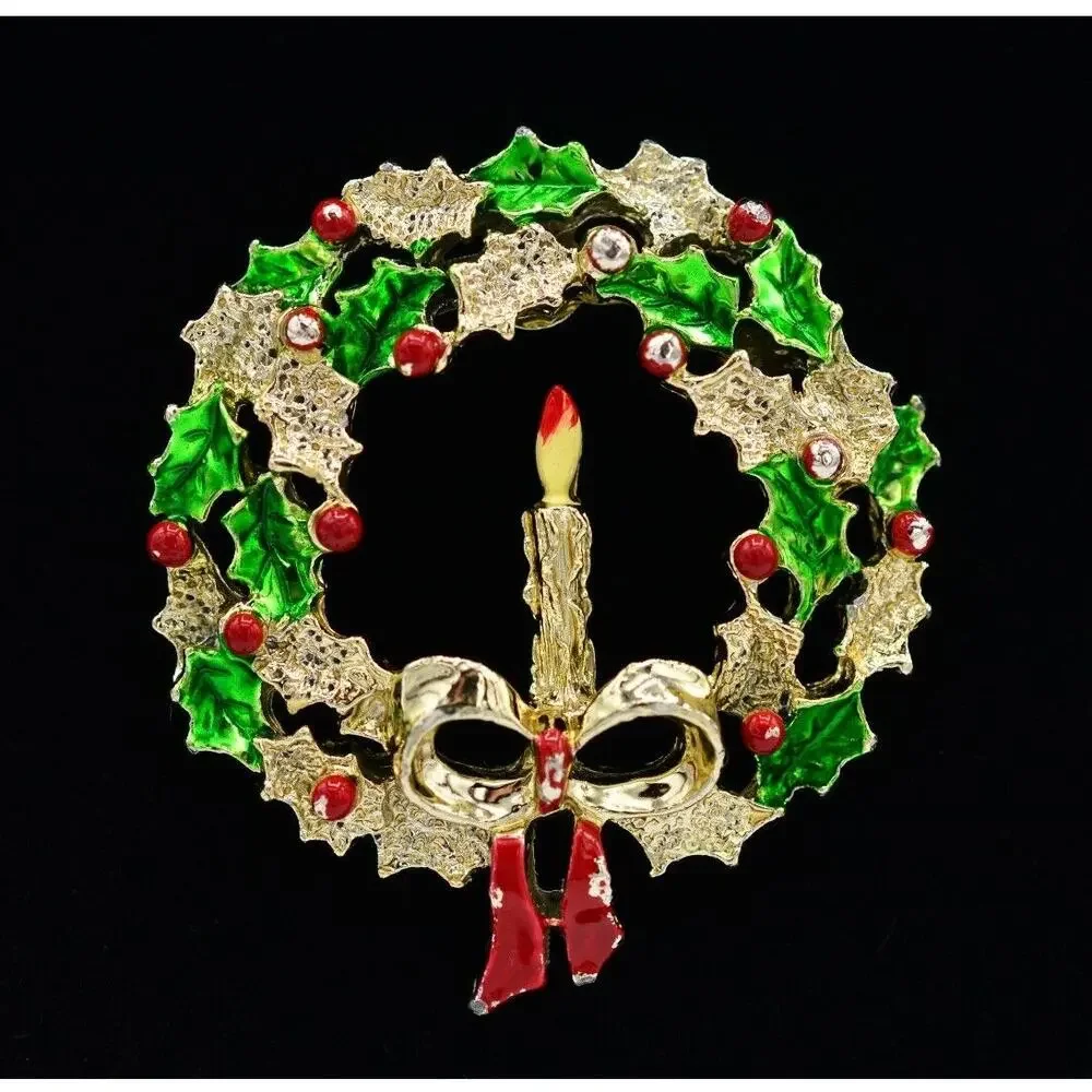 Gerry's Vintage Wreath Pin Brooch Christmas Candle Holiday Signed 1980s 9B